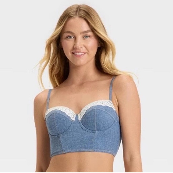 Colsie Tops - 🤍💙NWOT Colsie from Target Blue Jean Lace Trim Cropped Corset Bustier Bralette 💙🤍